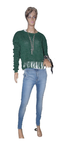 47 Street Poncho Sweater Color Verde Con Flecos