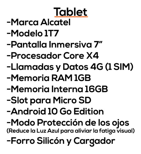 Tablet Alcatel 1t7 1gb Ram 16gb 4g Sim Micro Sd Bagc