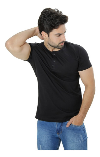 Imagem 3 de 5 de Camiseta Masculina Henley Preta