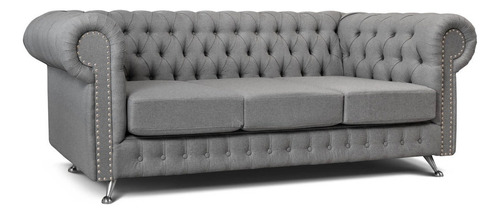 Sillón Chester 3 Cuerpos Chesterfield Tapizado Lino Color Gris Claro