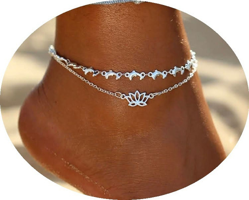 Tobilleras Cadena Tobillo Flor De Loto Delfines Sandalia Set