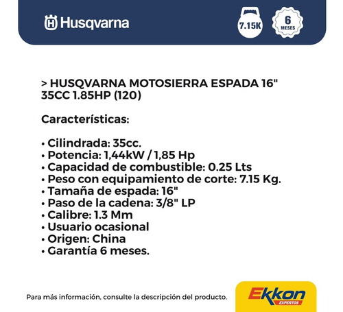 Imagen 3 de 8 de Motosierra Husqvarna 35cc Espada Cadena 16 PLG Poda 120