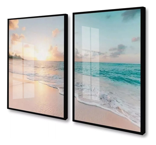 Quadro Decorativo Praia Pôr Do Sol Paisagem Mar Com Vidro