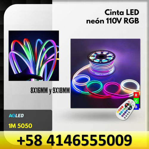 Cinta Led Neon Rgb 1m 110v 6000k Ip65 Manguera Plana 8x16mm