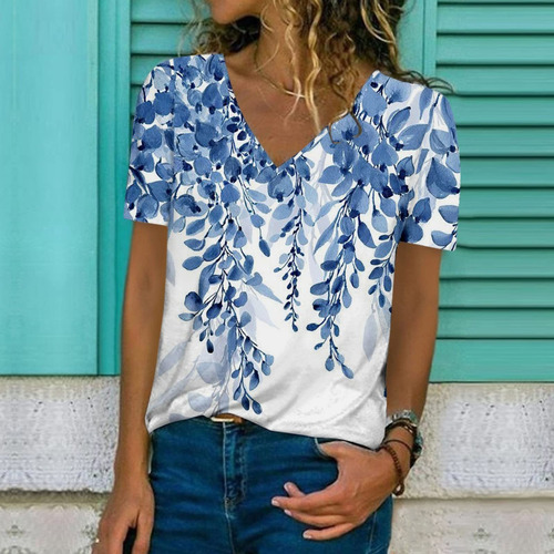 Top Con Botones Y Cuello En V De Manga Corta De Verano A La
