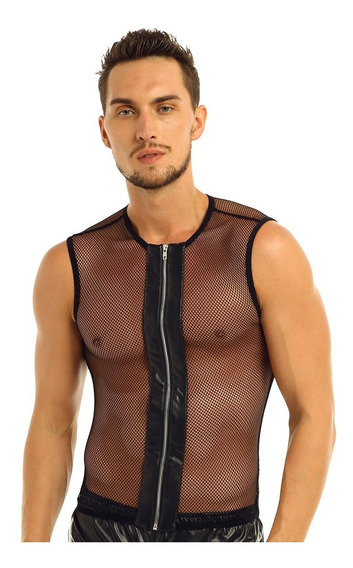 Polera Sexy Malla Transparente Hombre Sin Mangas