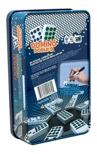 Domino 55 Fichas Color Doble 9 Juego Mesa Caja Metalica