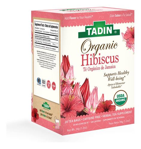 Tadin Te De Hierbas Organico De Hibisco, Sin Cafeina, 20 Bol