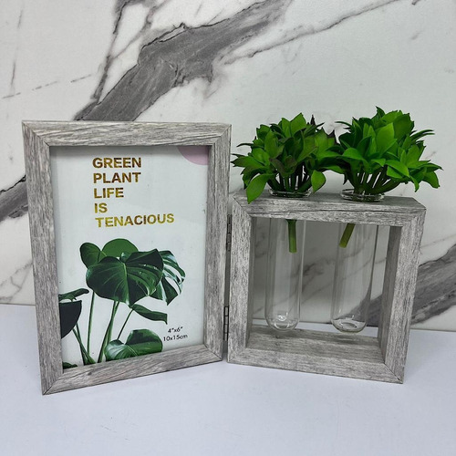 Porta Retrato Duplo Cinza De Mdf Com Detalhe Vaso Solitário Liso