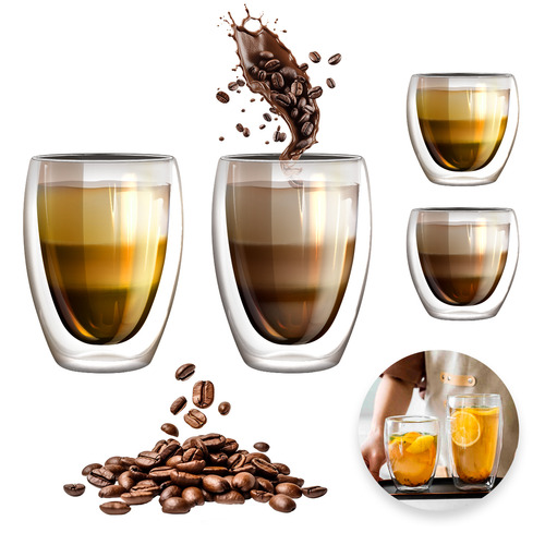 4 Vasos De Vidrio Para Café Doble Pared Térmico 350ml/150ml Color Transparente