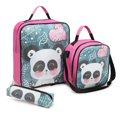 Kit Mochila Escolar Panda Lancheira Térmica + Estojo Ref.001