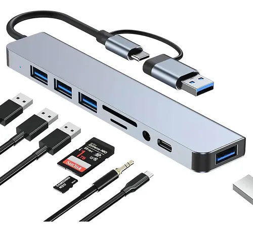 Hub USB para PC, Hub USB C, extensor USB 8 em 1 com 4 portas