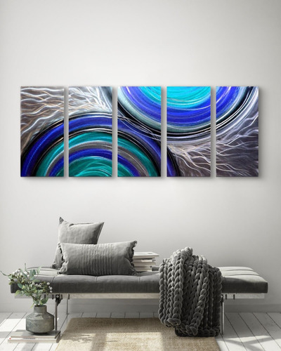 Cuadro Abstracto Semi Círculos Azules 5pz Canvas 100x70cm Negro