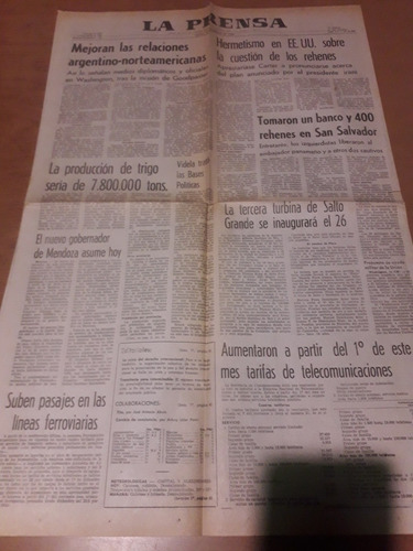 Tapa Diario La Prensa 15 02 1980 Mendoza Salto Grande 