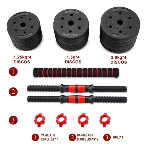 Mancuernas Pesas Barra Recta Ejercicio Kit Ajustables 20kg Rojo