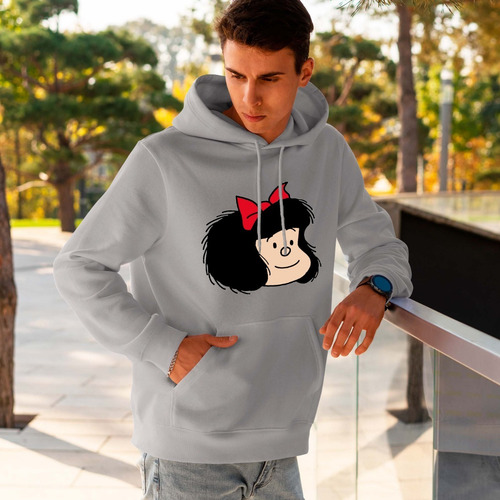 Buzo Gris Capucha Mafalda Moño Hombre Mujer Niños Hoodie