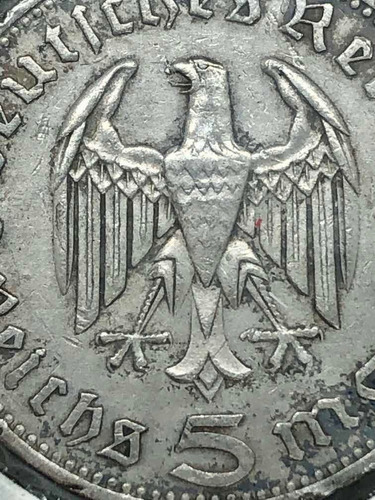 Moneda De Plata 5 Marcos Alemanes Tercer Reich Año 1936 (Usado)