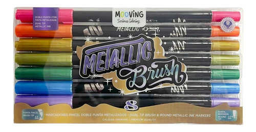 Imagen 1 de 7 de Marcadores Mooving Doble Punta Pincel Metalizados X8 Colores