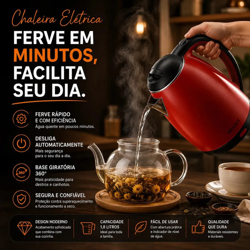 Chaleira Elétrica Inox Vermelha Hold On 1.8L, Com Desligamento Automático e Aquecimento Rápido