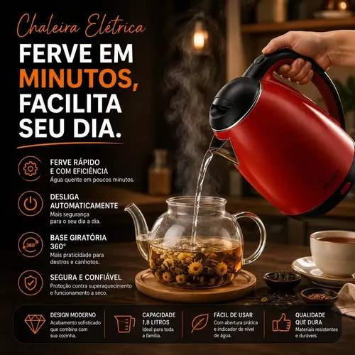 Chaleira Elétrica Inox Vermelha Hold On 1.8L, Com Desligamento Automático e Aquecimento Rápido