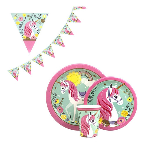 Set Plato Vaso Banderín Unicornio Glam 21 Pcs