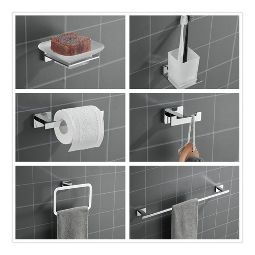 Kit 6 Acessorios Para Banheiro Conjunto De Porta-toalhas Cor Prateado
