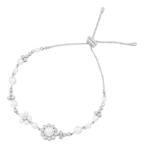 Pulsera Ajustable Con Perlas Y Flores Apm Mónaco Plata S925