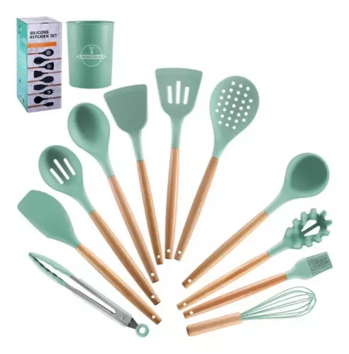 12 piezas de silicona Set utensilios de cocina , simple mango de madera  multipropósito Set de herramientas para utensilios de cocina para cocina 