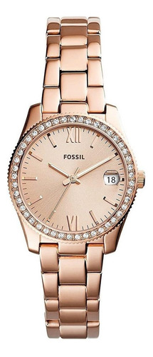 Reloj pulsera Fossil Scarlette mini de cuerpo color oro rosa, analógico, para mujer, fondo oro rosa, con correa de acero inoxidable color oro rosa, agujas color oro rosa, dial oro rosa, minutero/segundero oro rosa, bisel color oro rosa y desplegable