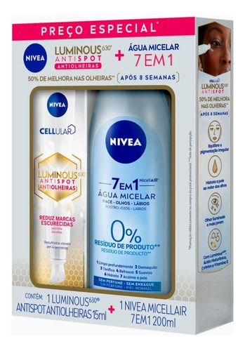 Kit Nivea Luminous630 Antiolheiras 15g + Água Micelar 7 Em 1