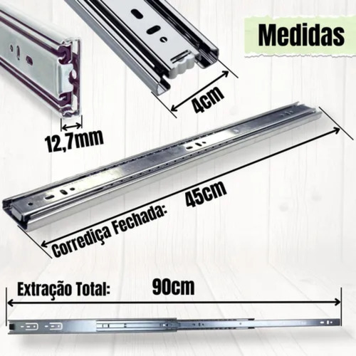 10 Corrediça Telescópica 45cm 5 Par Reforçada Resistente