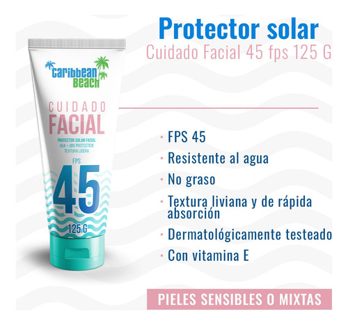 Protector Solar Facial Caribbean Beach Fps45 Vitamina E 125g