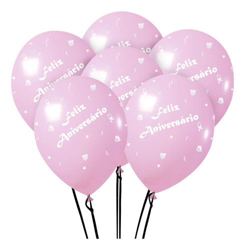 Balão Látex Feliz Aniversário Balões Joy 9pol 25und Cor Rosa Claro E Branco