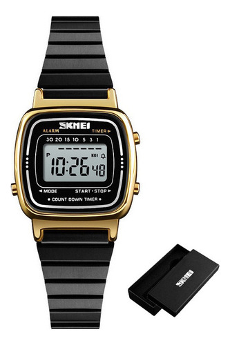Relojes cuadrados de acero inoxidable Skmei Electronics con bisel negro/dorado