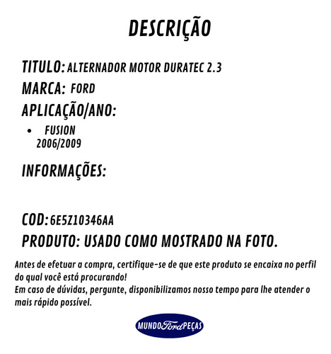 Alternador Ford Fusion 2006 2009 Duratec 2.3 Original (Usado)