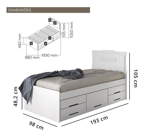 Imagem 4 de 4 de Cama Solteiro Júlia Com 5 Gavetas - Branca
