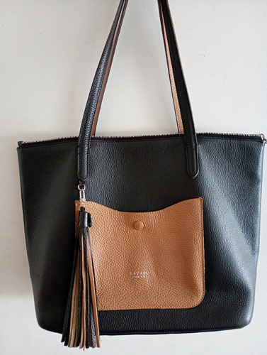 Cartera Lázaro Negro Y Camel. 100% Cuero Vacuno. Negro Lisa Níquel Negro Y Camel (Usado)
