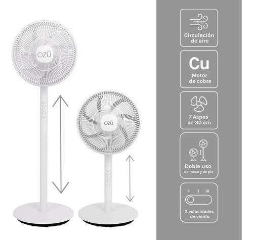 Ventilador Pedestal 14 Pulgadas 7 Aspas Ozu Estructura Blanco Aspas blancas Diámetro 14 " Frecuencia 50-60Hz Material de las aspas Plástico