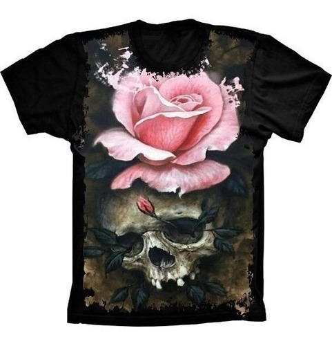 Camiseta Estilosa 3d Fullprint - Skull Caveira Flor Rose