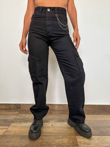 Pantalón Jean Wide Leg Cargo Rígido Con Cadena Bolsillos 