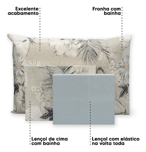 Jogo De Lençol Viúvo 3 Peças Estampado 180 Fios Cor Garden - Cinza