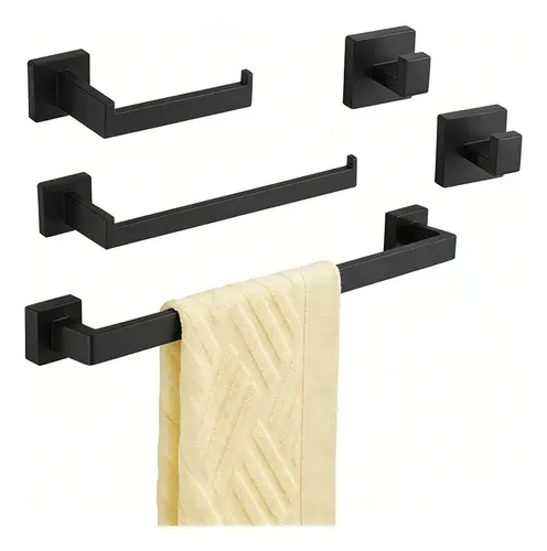 Kit 5 Peças Acessórios Banheiro Inox Toalheiro Quadrado Luxo Dreamway Preto Fosco Organizador Porta Porta-toalhas, Saboneteira, Suporte Para Rolo Toalha Aço Inoxidável