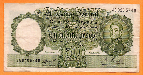Billete 50 Pesos Moneda Nacional Bottero 2028 Año 1969 Usado