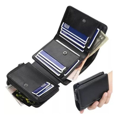 Cartera Tarjetas Billetera Lujo Cuero Hombre Cartera Trifold Color Negro