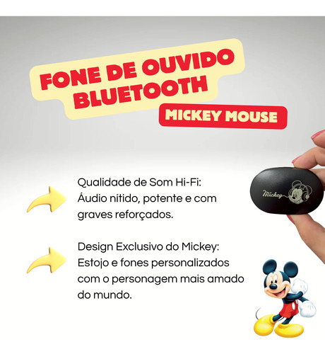 Fone De Ouvido Bluetooth Sem Fio Mickey Mouse Disney Hi-fi Mickey