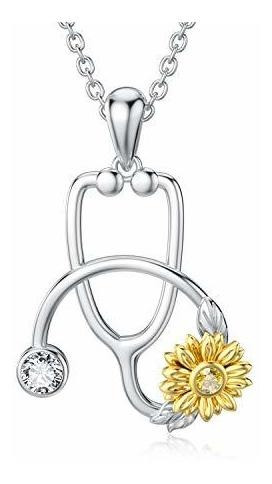 Collar - Stethoscope Necklace With Sunflower-925 Sterling Si
