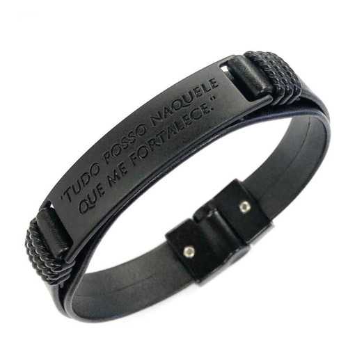 Pulseira Masculina Em Couro - Tudo Posso - Preto Oxi