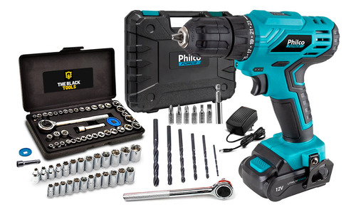 Furadeira Parafusadeira Sem Fio De 10mm Philco Ppf12m 12v Acessórios 110v/220v Com Jogo De Soquetes 40 Peças