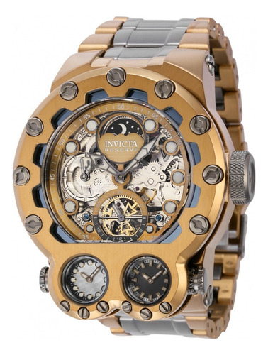 Invicta Reserve 43129 Bolt Magnum Tria Skelecton Automatic 1 Correia Cáqui Bisel Cáqui Fundo Prateado