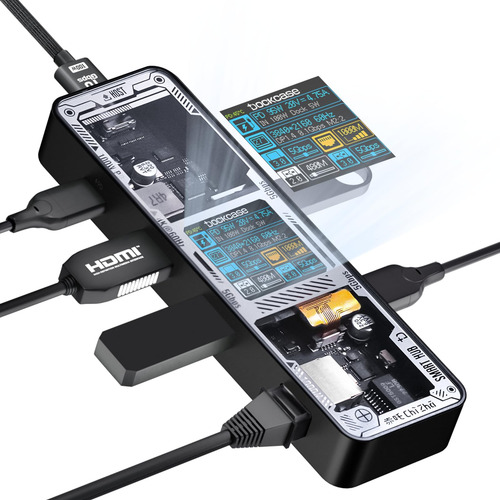 Hub Usb C Dockcase 6 En 1 4k@60hz 10 Gbps 100w Carga Clear